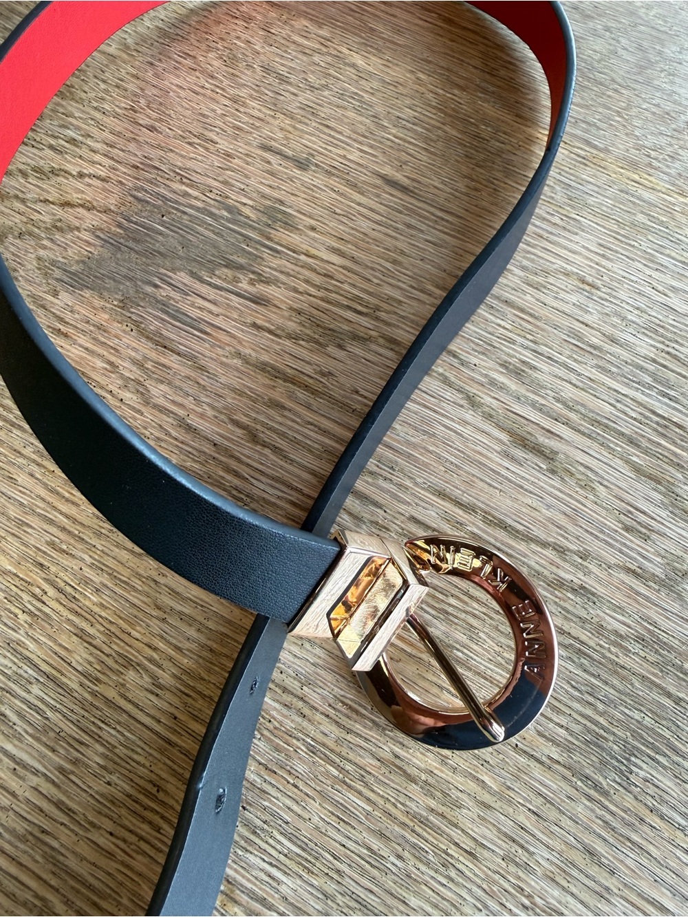 Anne Klein Reversible Black Red Belt Gold Tone Round Logo Buckle Size Large